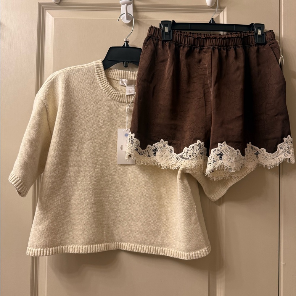 Cream Knit Top Brown Satin Lace Shorts Two Piece Set